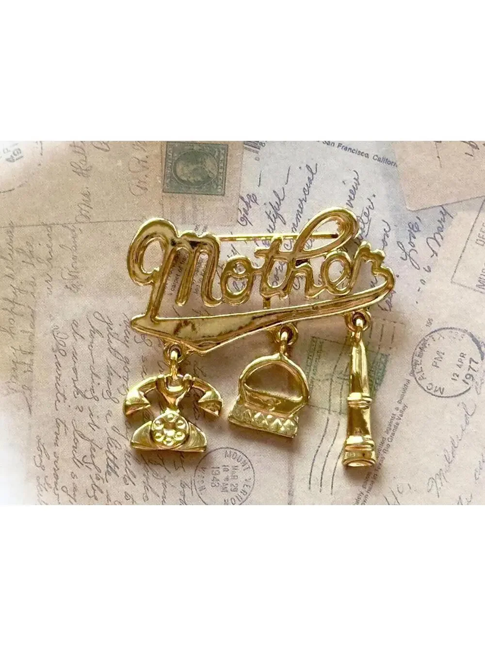 Vintage Mother Charm Brooch with Telephone Handbag & Scroll Dangles